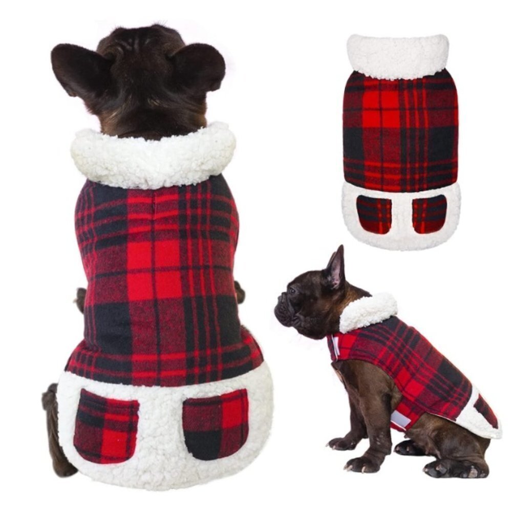 Dog Jacket Checked Plaid w/ Leash Hole, Winter Windproof Soft Lined